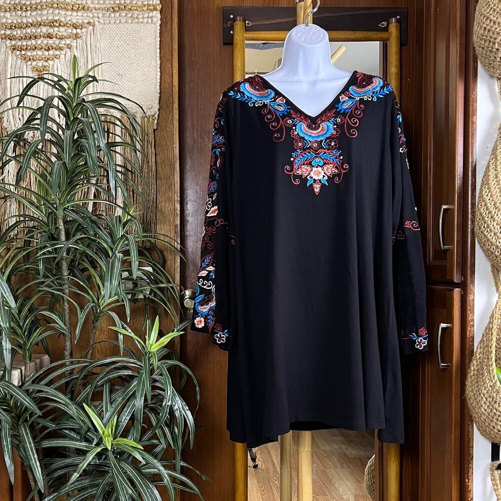 Vintage Collection Embroidered Beaded Tunic XL Black Boho Bell Sleeve Y2K Top